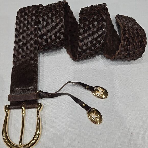 Michael Kors Brown Leather Braided Belt Size Large Horseshoe Equestrian Western - Picture 2 of 11